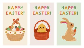 Nice colorful Happy Easter poster set with fluffy bunny, baby chick in basket, painted Easter egg package. Simple collection of springtime banner, cover, background with hand drawn illustration. vector