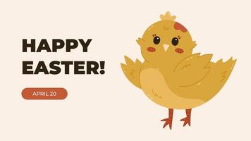 Horizontal minimalistic banner for Happy Easter Day with cute chick waving hello with wings. Simple holiday illustration for poster, website background as greeting with religious springtime carnival. vector