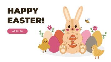 Horizontal minimalistic banner for Happy Easter Day with funny sitting bunny holding Easter eggs at lawn with baby chicken, bee, flowers. Simple poster, background, design for religious holiday. vector