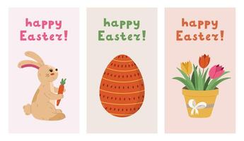 Lovely set of vertical Happy Easter posters with fluffy bunny with carrot, striped Easter egg, tulip. Trendy minimalist pack of banner, background with colourful clipart and hand drawn lettering. vector