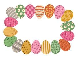 Lovely horizontal rectangle frame with Easter eggs in bright colors for poster, flier, social media. Colorful border for Easter with hand drawn ornate eggs with stripes, check, stars, dot, twirl. vector