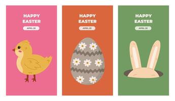 Pretty multicolor set of vertical Happy Easter posters with fluffy bunny ears in hole, painted Easter egg, chick. Simple collection of spring banner, cover, background with hand drawn illustration. vector