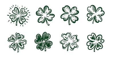 Green Clover set on white, hand drawn illustrations. vector