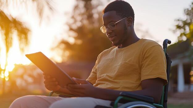 hombre en silla de ruedas usos tableta a puesta de sol foto