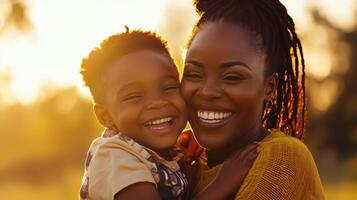 Happy mother and son embrace at sunset photo