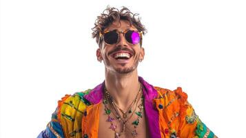 A man wearing a colorful shirt and sunglasses photo