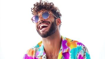 A man with curly hair and sunglasses is laughing photo