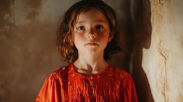 Young Girl With Freckles Wearing Red Dress photo