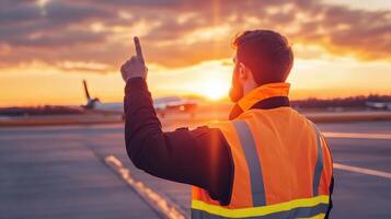 Airport worker signals aircraft during sunset photo