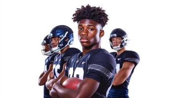Young Football Player Poses With Teammates In Background photo
