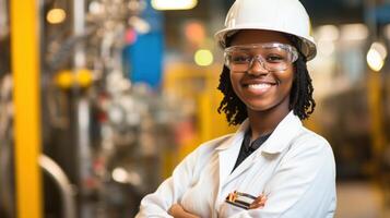 A woman in a lab coat and hard hat photo