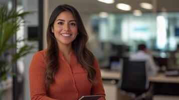 A woman in an office holding a tablet photo