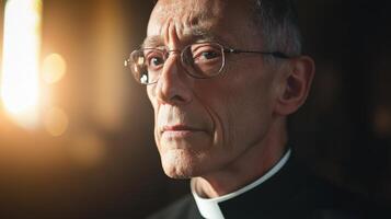 A Pensive Elderly Priest Wearing Glasses photo