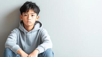A pensive young boy sits against a grey wall photo
