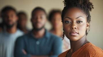 Woman Confidently Stands Before A Blurred Group Of People photo