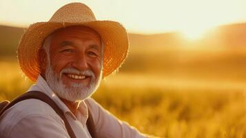 Happy elderly farmer in a straw hat smiles at sunset photo