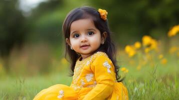 Adorable Baby Girl In Yellow Dress Sitting In Field photo