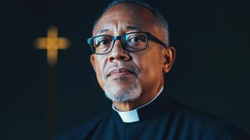 A Portrait of a Thoughtful Priest Wearing Glasses photo