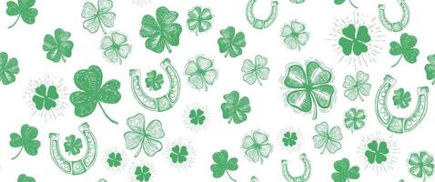 Patricks Day, green clover pattern on white. Hand drawn illustrations vector