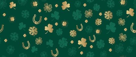 Gold clover pattern on green. Hand drawn illustrations vector