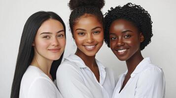 Three Women Of Diverse Ethnicities Smiling Together photo
