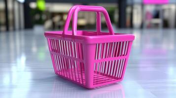 Pink Shopping Basket Sits On Polished Floor Inside A Mall photo