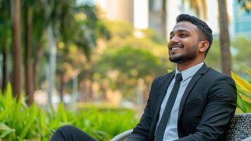 Smiling Businessman Relaxing Outdoors in a Suit photo