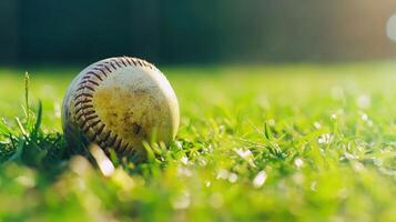 A weathered baseball rests in the green grass photo