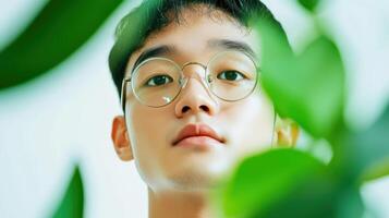 Young Man Wearing Glasses Amidst Green Leaves photo