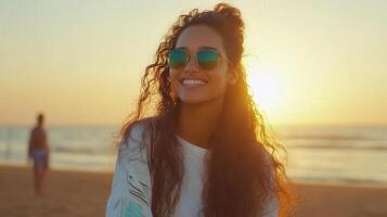Happy woman smiles at sunset on beach photo
