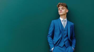 Young Man in Blue Suit Against Green Background photo