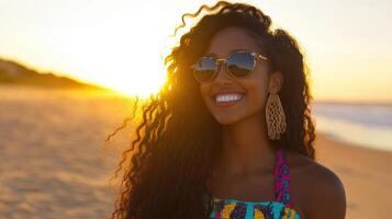 A woman with long curly hair and sunglasses on the beach photo