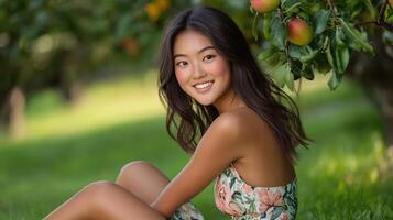 Young Woman Smiles In An Apple Orchard photo