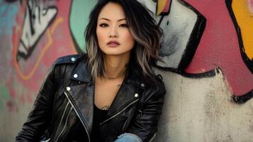 A woman in a leather jacket leaning against a wall photo