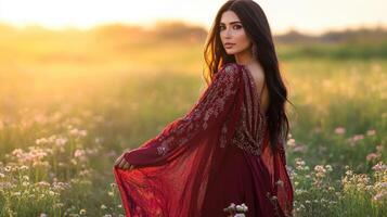 Woman in Red Gown Stands in a Field of Flowers photo