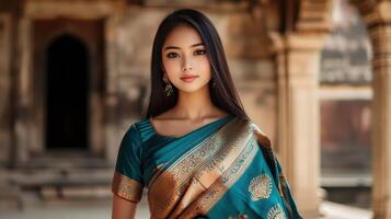 Beautiful Woman Wearing Teal Silk Saree photo