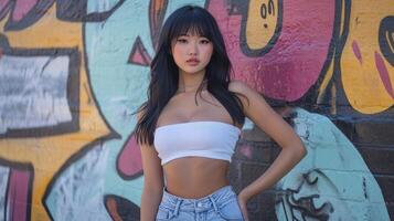 Young Woman Poses Against Vibrant Graffiti Wall photo