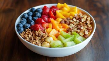Colorful Fruit Granola Bowl With Nuts photo