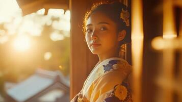 Young Woman In Traditional Japanese Kimono At Sunset photo
