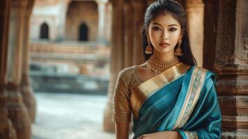 Beautiful Woman in Teal Saree and Gold Jewelry Posing photo