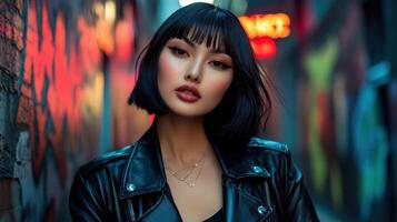 Young Woman Posing In Urban Setting Wearing Leather Jacket photo