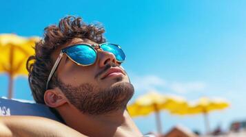 Man Relaxing On Beach Wearing Sunglasses photo