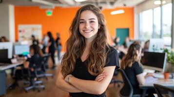 A young woman is smiling in an office photo