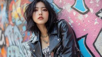 A woman in a leather jacket leaning against a graffiti wall photo