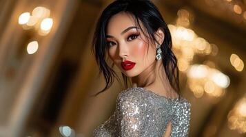 Elegant Woman in Sparkling Silver Gown photo