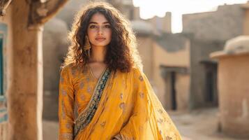 Woman in Yellow Saree Stands in Village Setting photo
