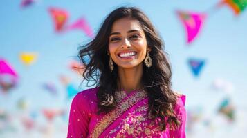 Beautiful Woman Smiles Wearing Pink Sari Against Kite Background photo