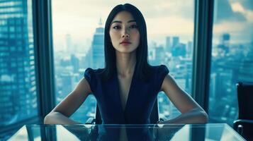 Confident Woman Sitting Office City View photo
