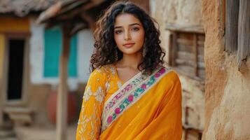 Beautiful Woman In Vibrant Yellow Sari Poses Outdoors photo