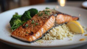 Pan Seared Salmon with Broccoli and Couscous photo